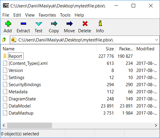 Inside a .pbix file, there are metadata files and a folder called Report